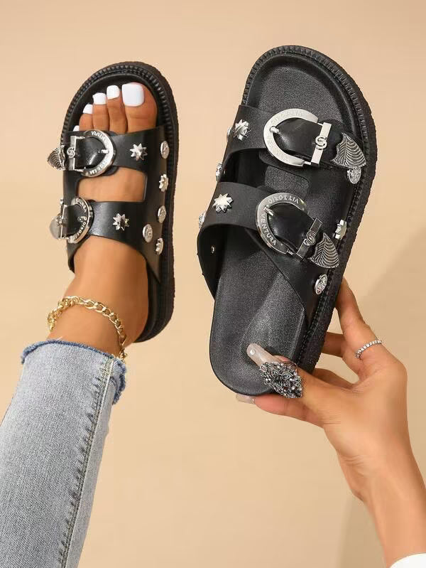 Women's Comfortable Fashionable Round Toe Black Sandals With Double Buckle, Double Layered Thick Platform And Wedge Heel, Open Toe Valentines